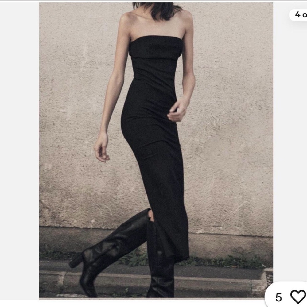 Zara Black Strapless Denim Midi Dress (Size M)